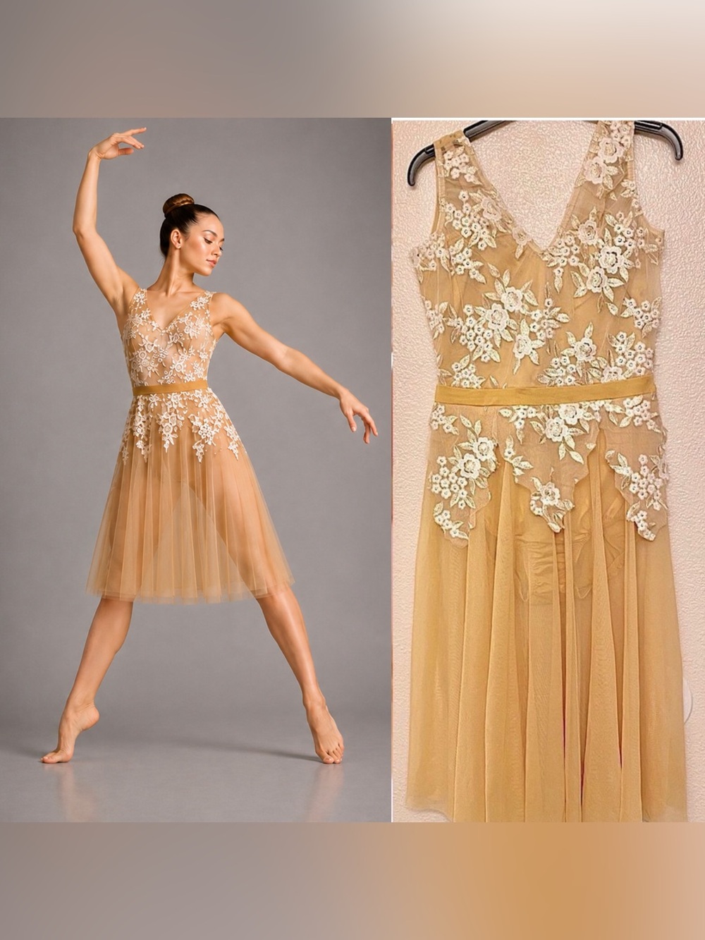 Kelle dance lyrical ballet costume tan gold lace overlay Bloom 8302 LC teen